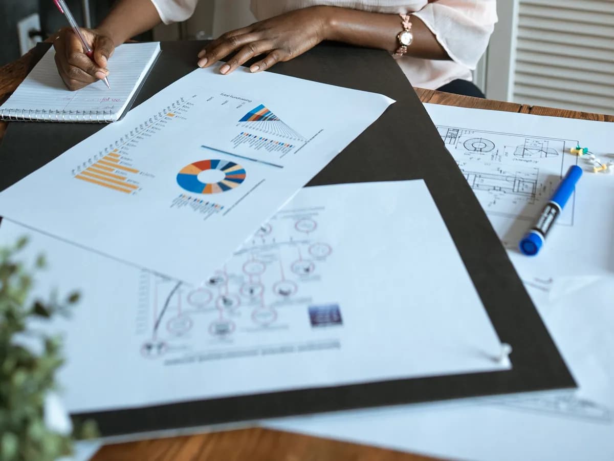 Analysis of business exposures laid out on a desk